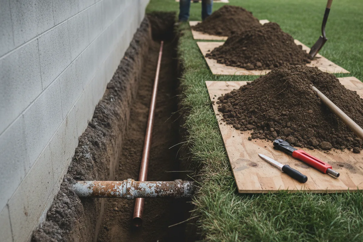 Excavated water line trench during Sewer Line Repair in New Melle